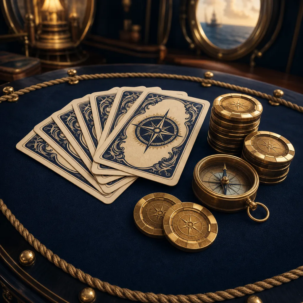 Karty i mosiężne żetony na granatowym stole kapitana — Flagman Casino
